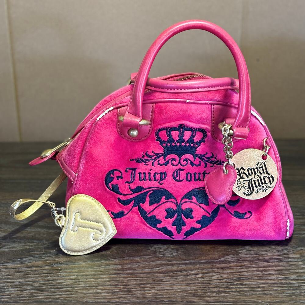 Vintage Juicy Couture Royal Juicy Bowler Bag Pink Velour Purse Coin Y2K GRAIL